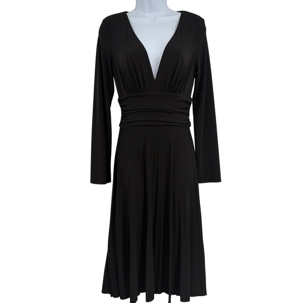 Max and Cleo Fit Flare Dress Sz M Mob Wife Glam Cocktail Plunge Neck Sexy Black - Picture 2 of 10